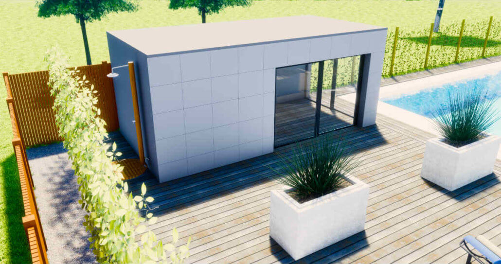 Een modern poolhouse met buitendouche